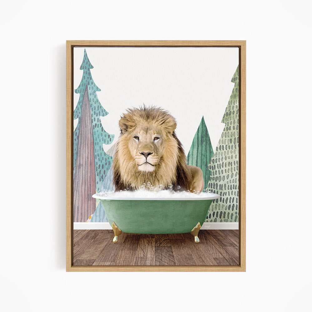 A lion is sitting in a green bathtub, surrounded by trees and a forest-like background.