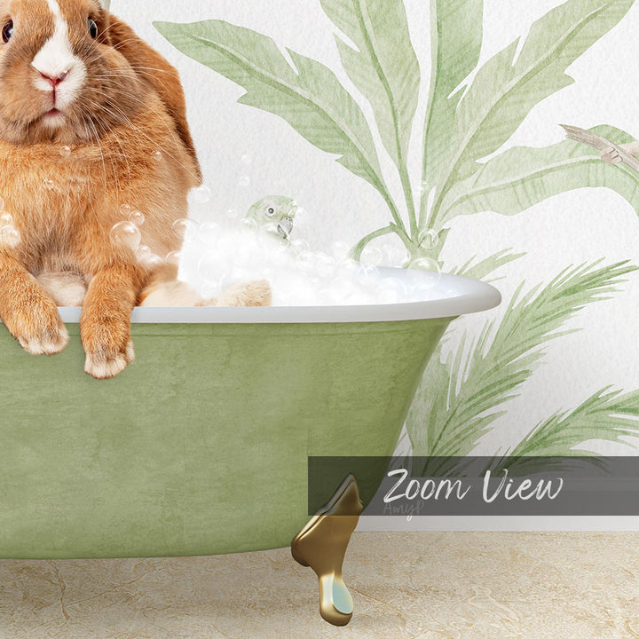 A rabbit sitting in a green bathtub filled with bubbles, with a palm tree and bird in the background.
