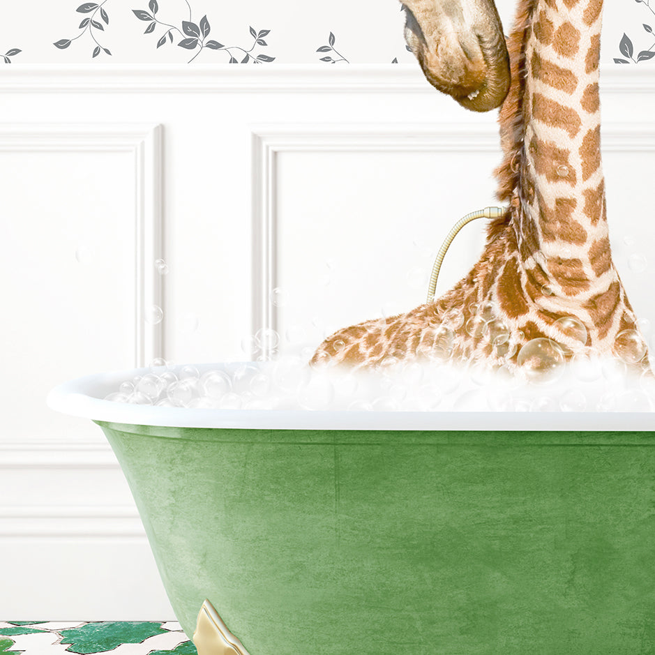 a baby giraffe in a green bath tub