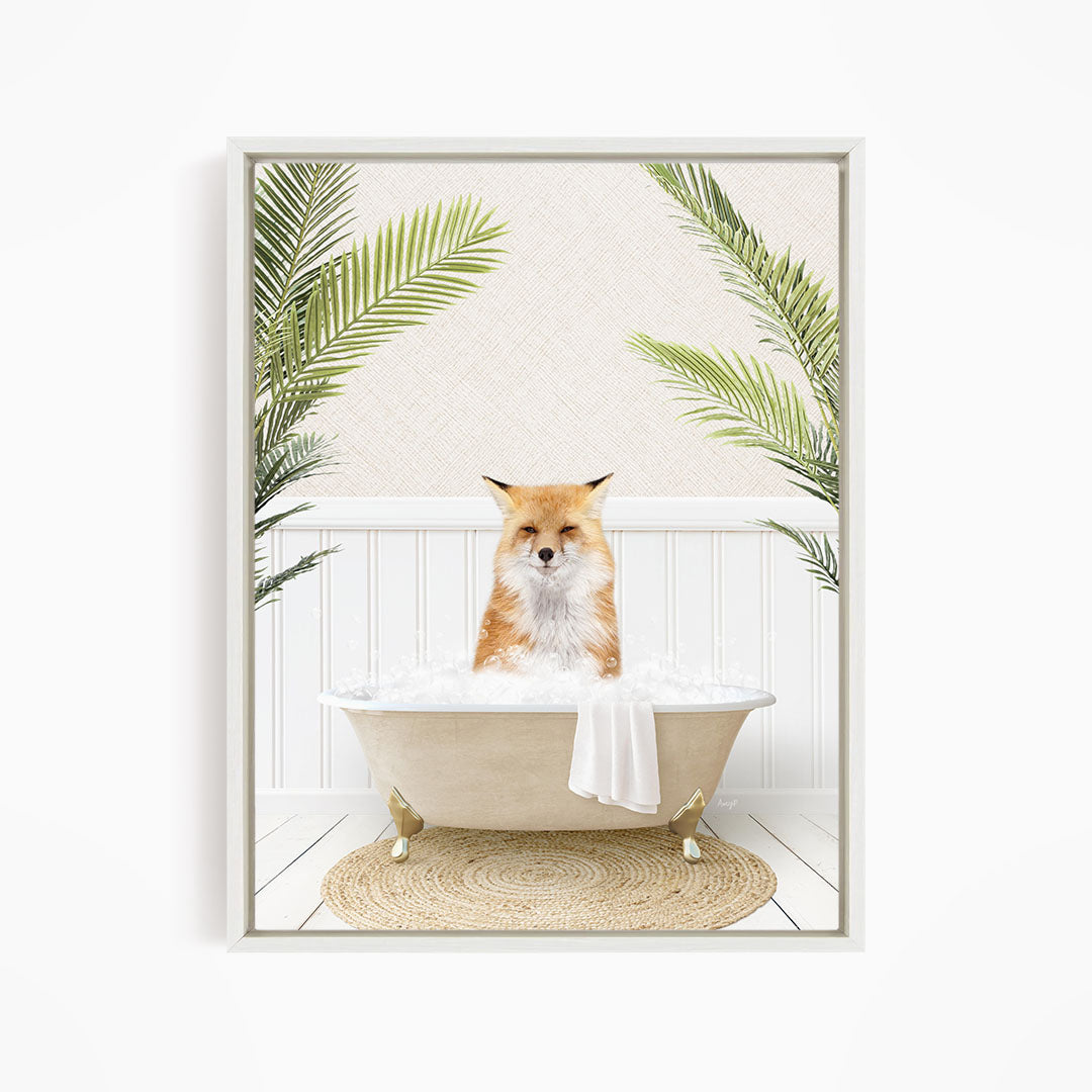 A red fox is sitting in a white bathtub filled with water, surrounded by green palm leaves.