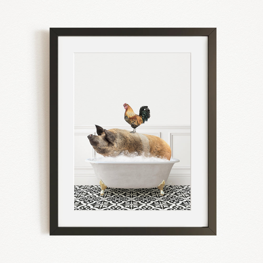 A rooster sits atop a pig in a bathtub, creating a whimsical and amusing scene.