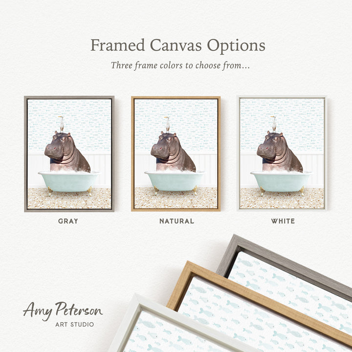 The image is a framed canvas option featuring three different colored frames, each containing a photograph of a hippopotamus sitting in a bathtub.