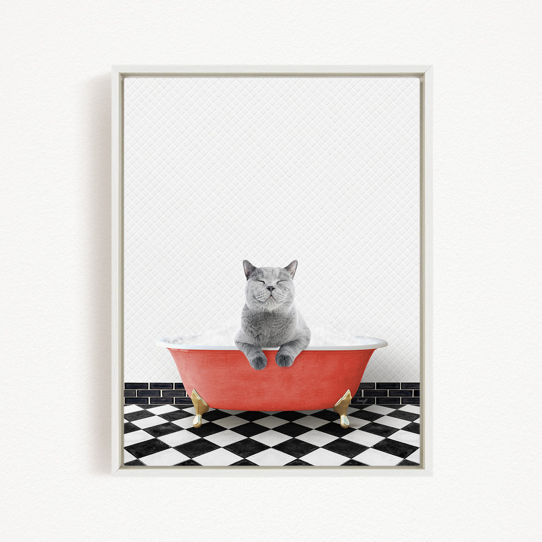 A gray cat sitting in a red bathtub filled with bubbles, with a black and white checkered floor in the background.