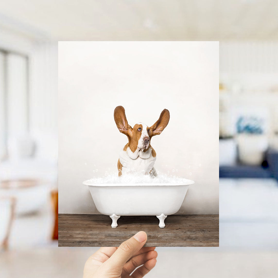 A brown and white dog sitting in a white bathtub filled with water, with its ears perked up and looking directly at the camera.