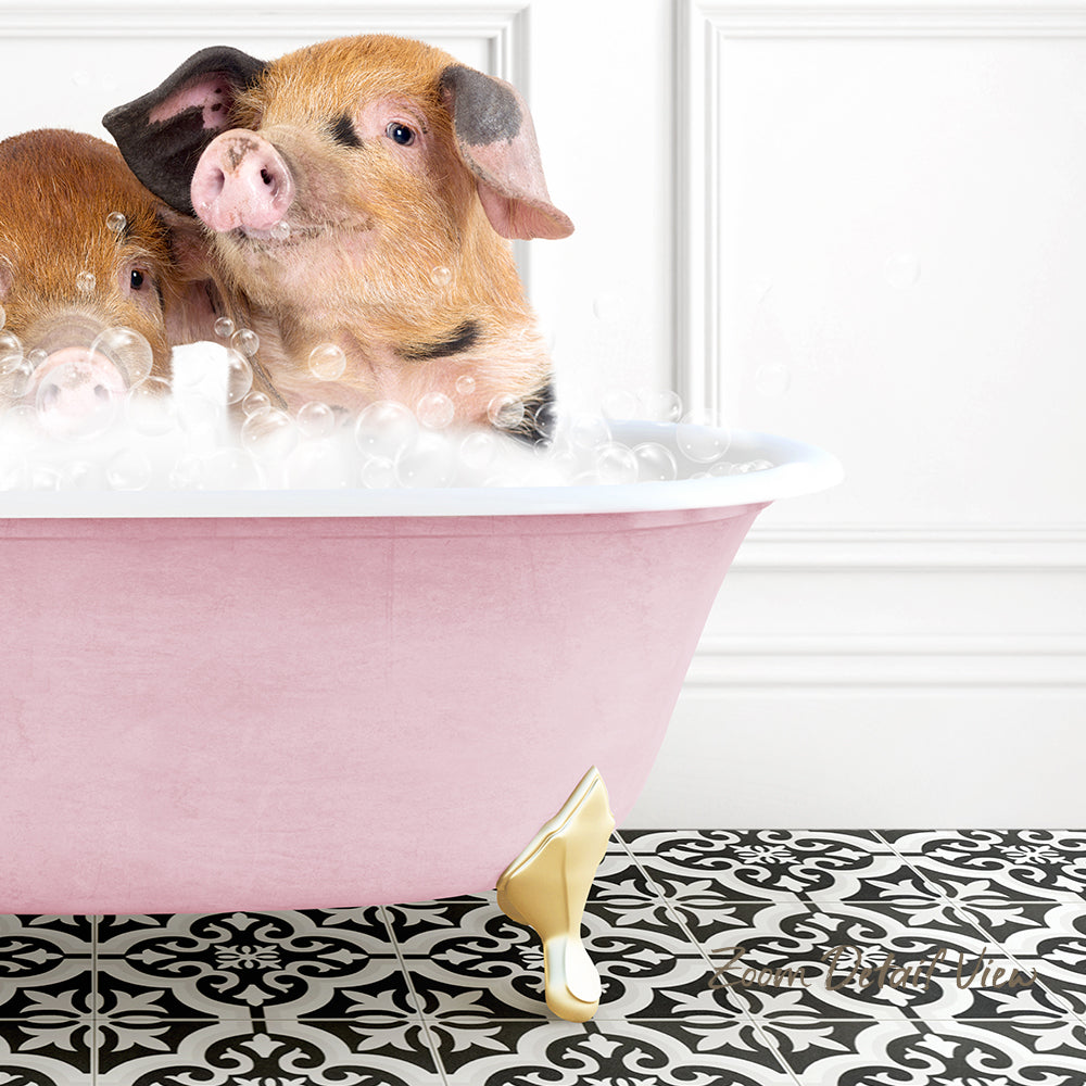 A pink bathtub filled with bubbles, with two adorable pigs sitting inside and enjoying the bath.
