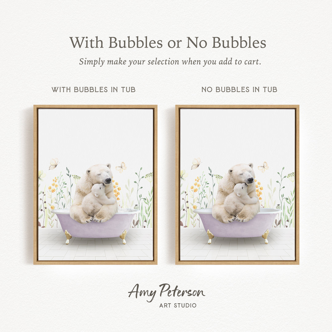 The image is a framed print featuring two pictures of a polar bear sitting in a bathtub. The text above the images reads "With Bubbles or No Bubbles" and below the images, it says "Simply make your selection when you add to cart."