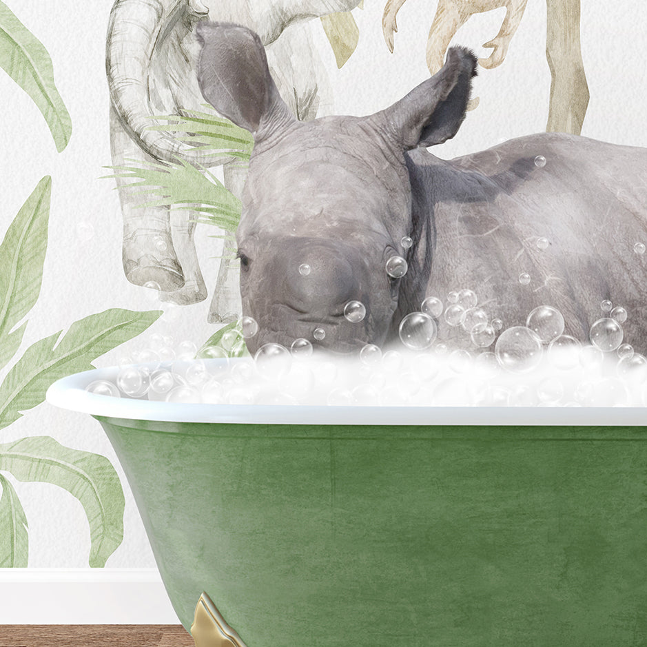 a rhinoceros in a bathtub with soap bubbles