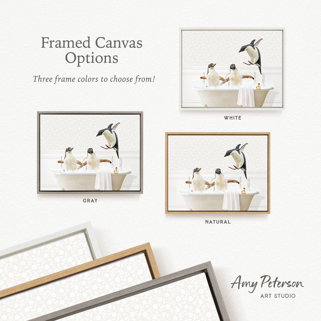 The image is a framed canvas option showcasing three different frame colors: white, gray, and natural. The image depicts penguins in a bathtub, with one penguin standing on the edge of the tub.