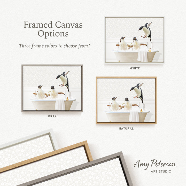 The image is a framed canvas option showcasing three different frame colors: white, gray, and natural. The image depicts penguins in a bathtub, with one penguin standing on the edge of the tub.