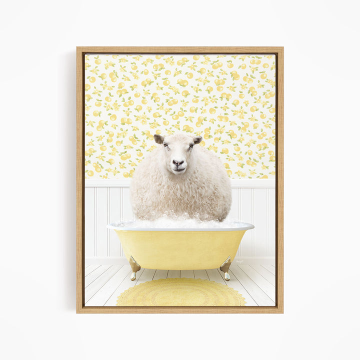 A fluffy white sheep sits in a yellow bathtub, surrounded by a yellow floral wallpaper.