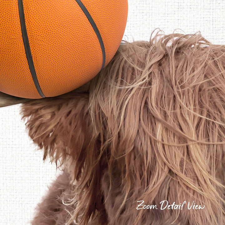 A close-up of a dog's fluffy, brown fur with a basketball resting on top of it.