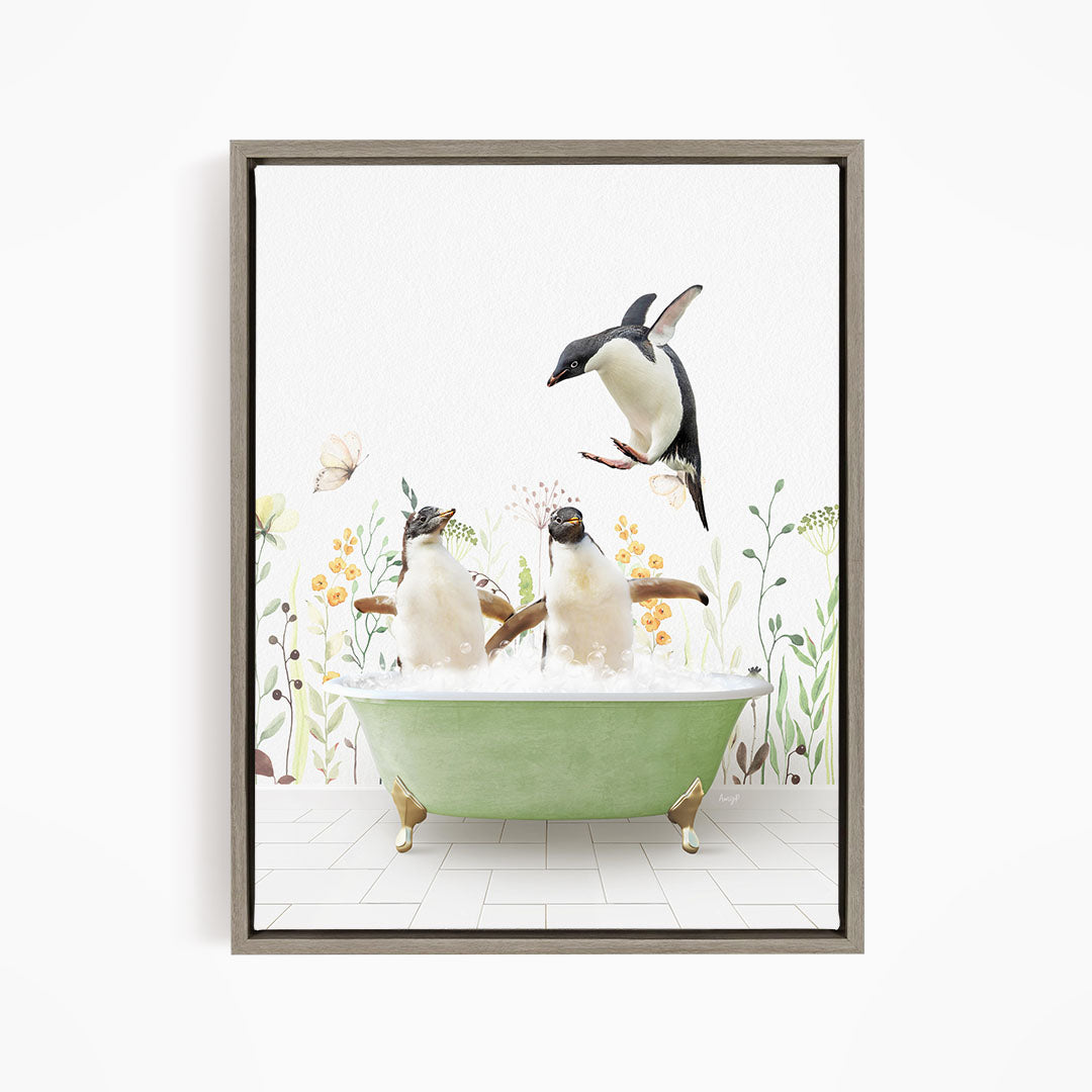 A framed image depicting two penguins sitting in a green bathtub, surrounded by flowers and butterflies.