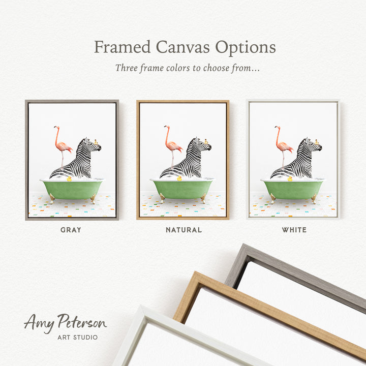 three framed canvas options featuring a zebra and a flamingo in a bathtub, with three different frame colors to choose from: gray, natural, and white.