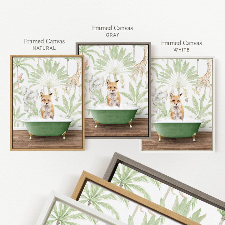 three framed prints of a fox sitting in a bathtub, surrounded by tropical foliage. The prints are labeled as " Framed Canvas" in different colors: "Natural", "Grays", and "White".