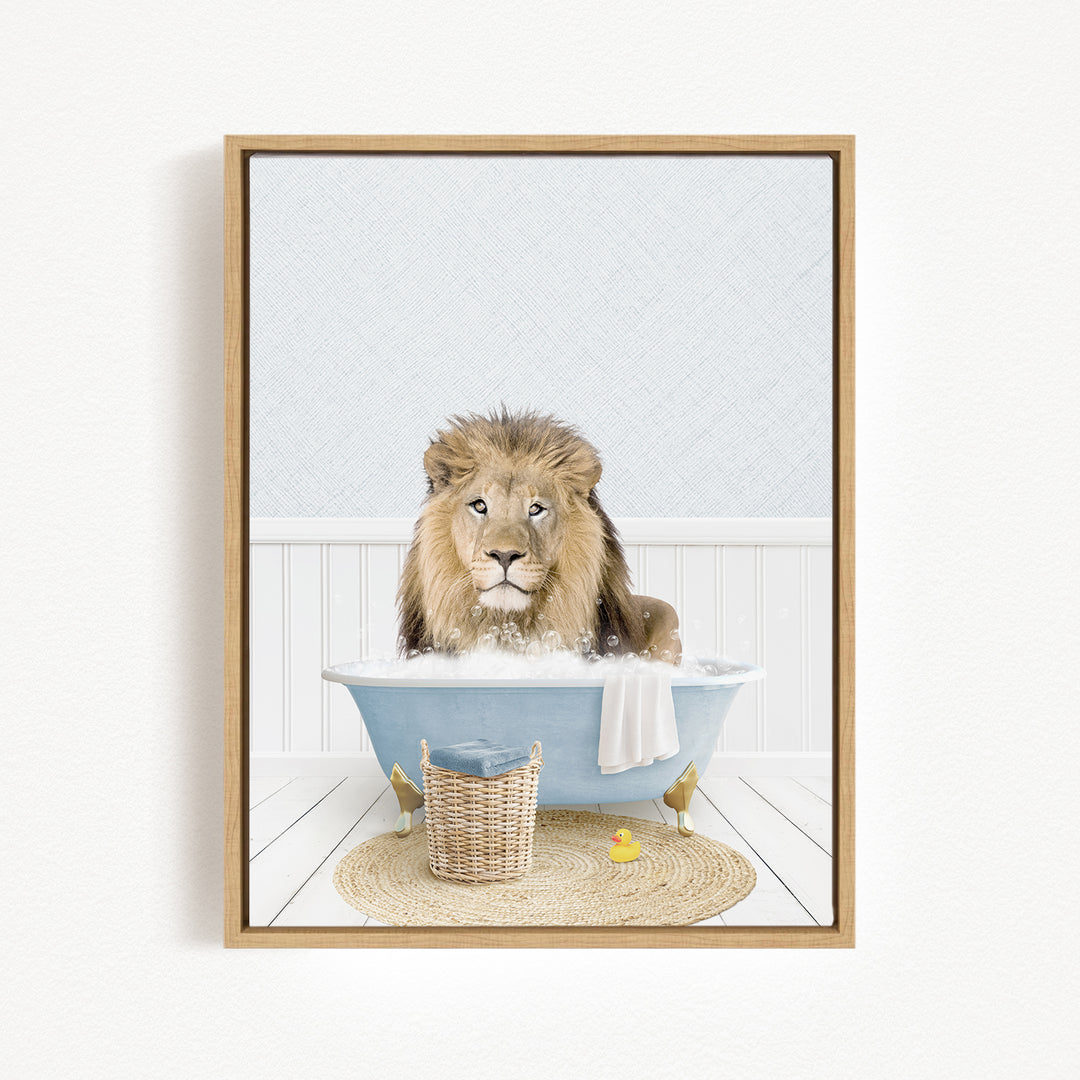 A lion sitting in a blue bathtub filled with water, surrounded by a basket and a rubber duck.