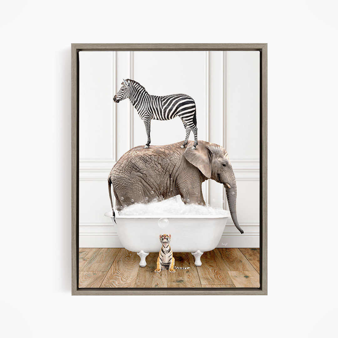 A zebra stands on an elephant's back, while a small tiger sits in a bathtub, all in a whimsical and playful scene.