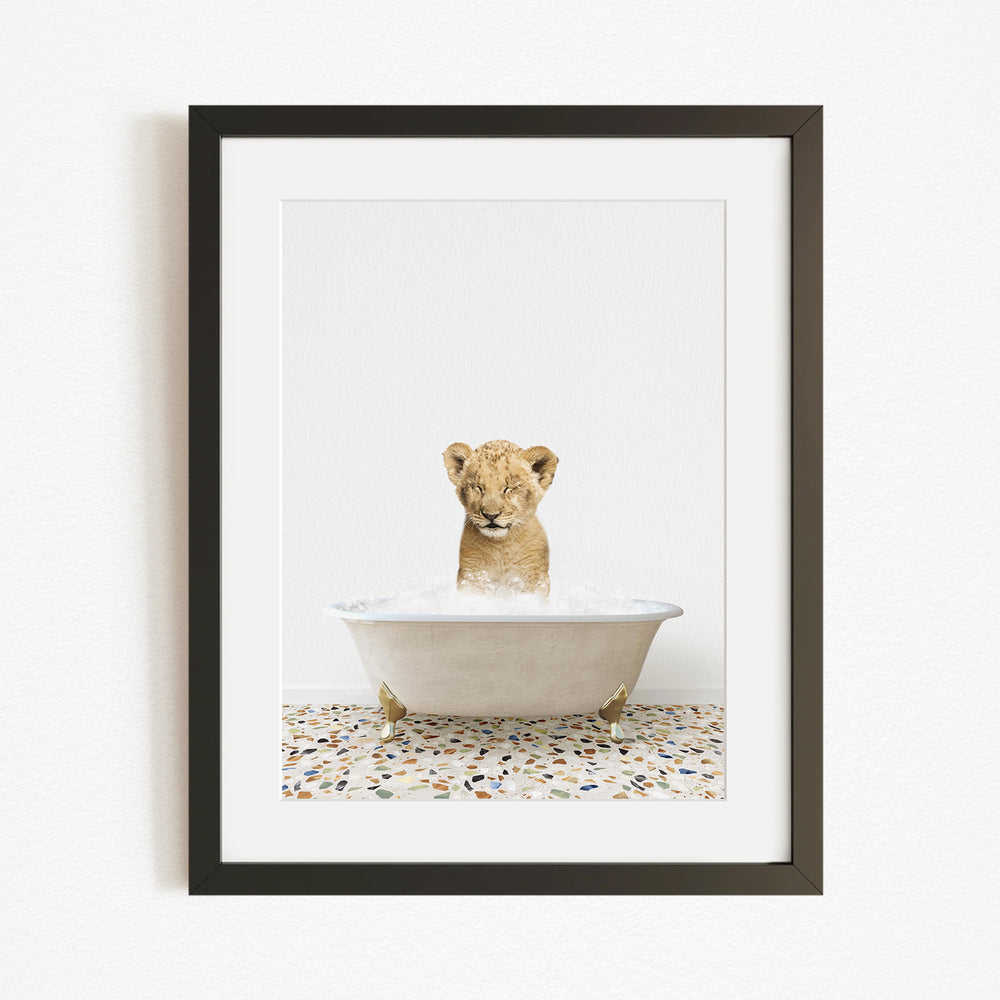 A young lion cub sitting in a white bathtub filled with water, looking directly at the camera.