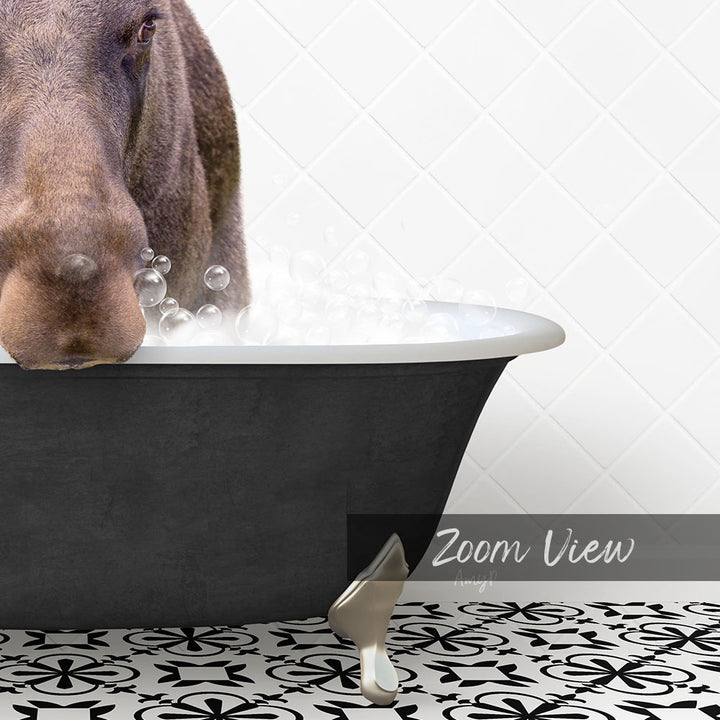 A close-up of a dog's face peeking over the edge of a bathtub filled with bubbles, with a text overlay that reads "Zoom View" and a patterned tile floor.