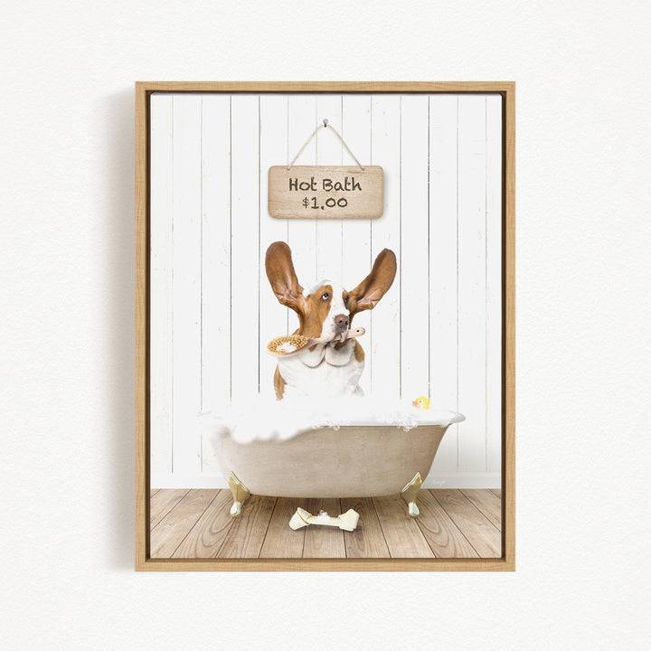 A dog sitting in a bathtub, with a sign above it that says "Hot Bath $1.00".