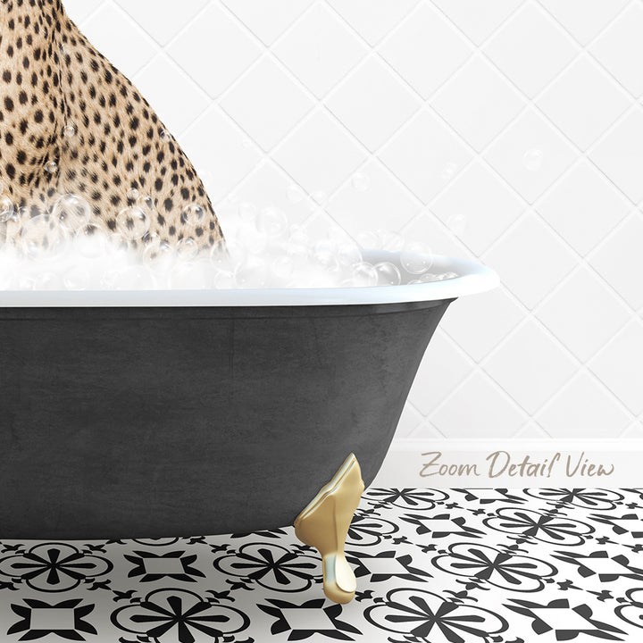 A leopard print bathtub filled with bubbles, with a gold bathtub faucet and a patterned tile floor.