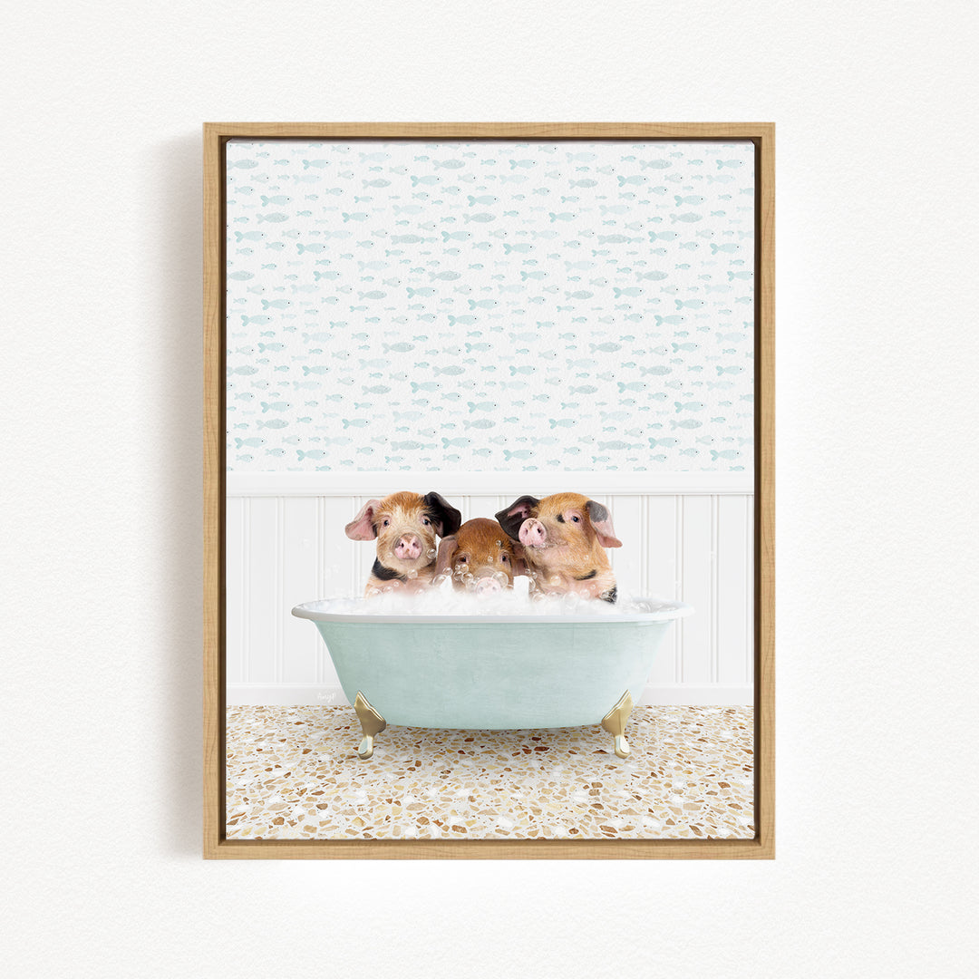 Three adorable pigs sitting in a bathtub filled with water, surrounded by a patterned tile floor.