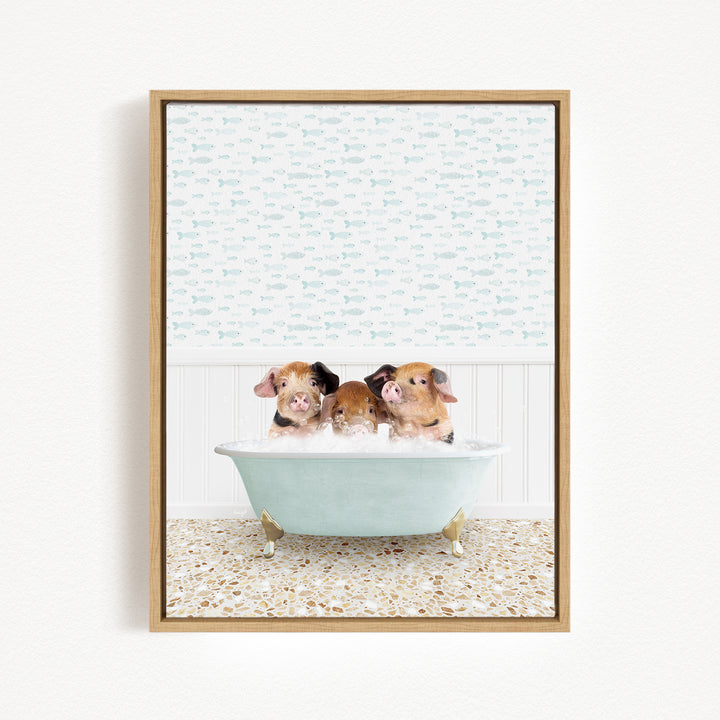 Three adorable pigs sitting in a bathtub filled with water, surrounded by a patterned tile floor.