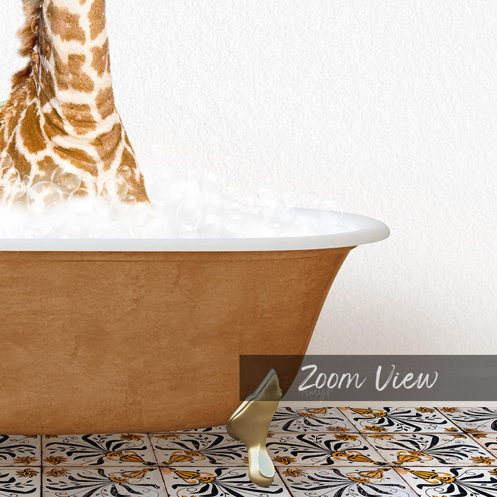 A giraffe's head is partially submerged in a bathtub filled with water, creating a whimsical and playful scene.