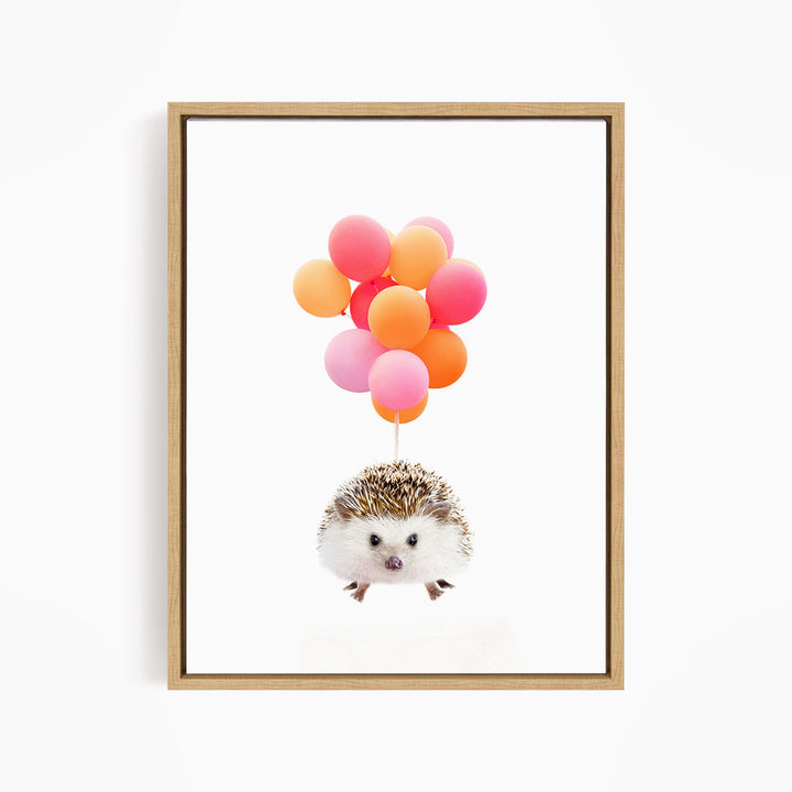 A cute hedgehog is floating in the air, surrounded by a bunch of colorful balloons.