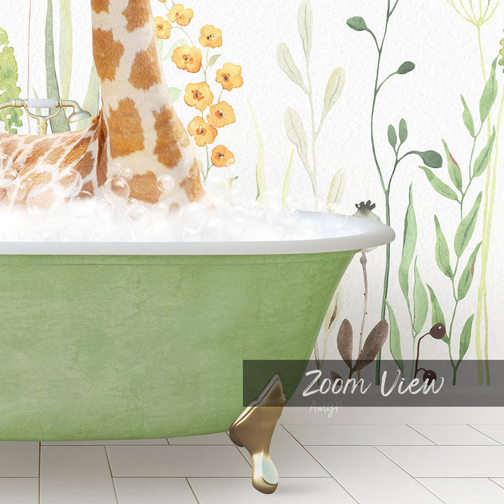 A giraffe standing in a green bathtub filled with bubbles, surrounded by a floral wallpaper.