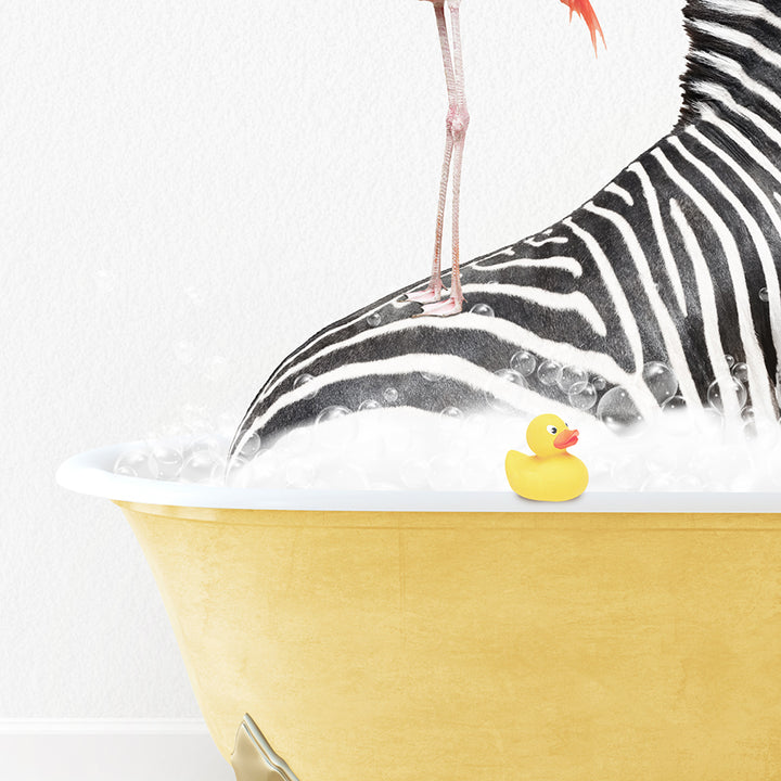 a zebra and a yellow rubber duck in a bathtub