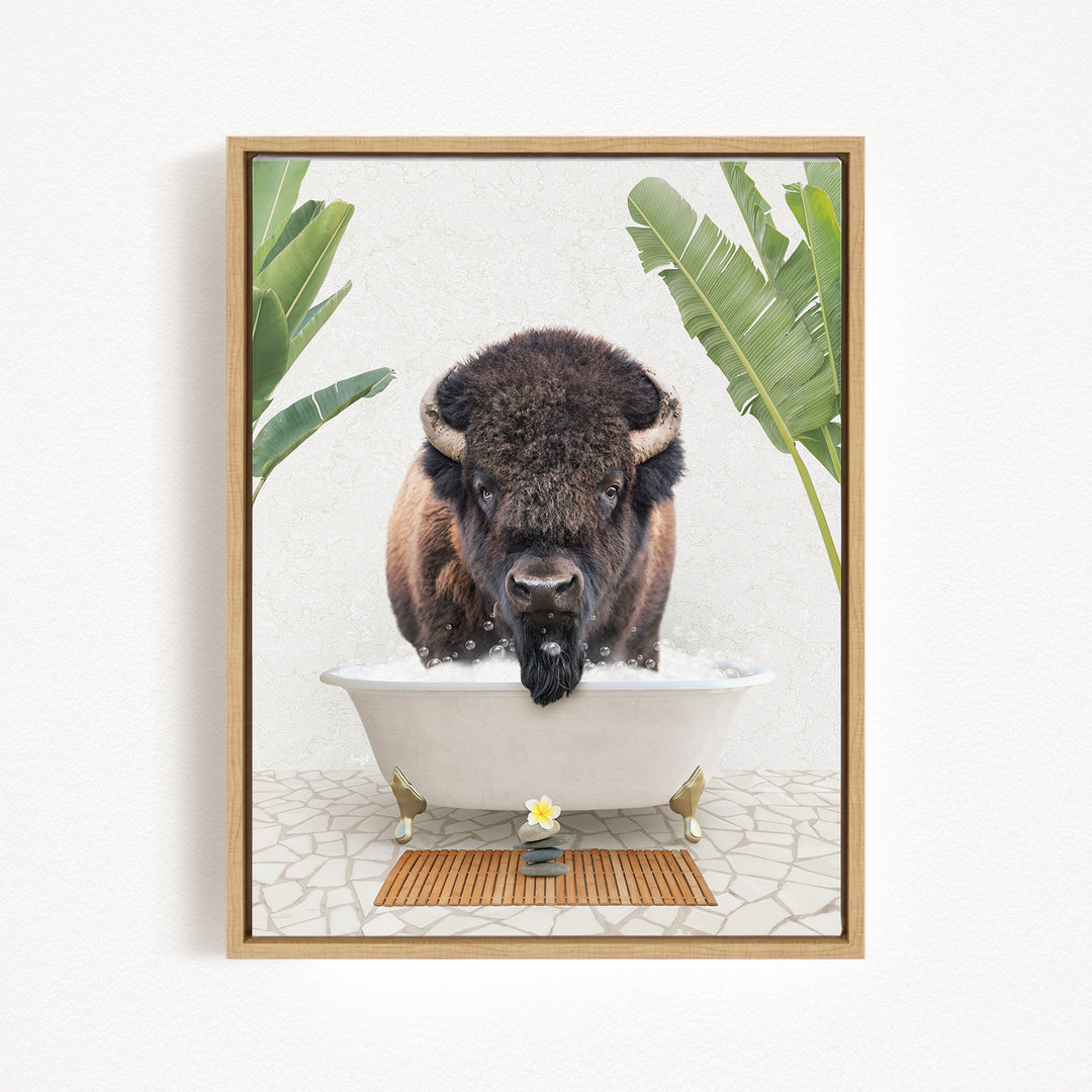 A buffalo is sitting in a bathtub filled with water, surrounded by tropical plants.