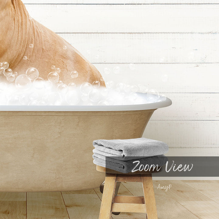 A bathtub filled with bubbles, with a dog sitting inside and enjoying a bath. There are towels and a stool nearby, suggesting a relaxing bathing experience.