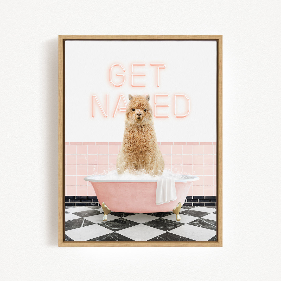 A fluffy brown dog sitting in a pink bathtub filled with bubbles, with the words "GET NAUGED" written in neon pink letters above it.