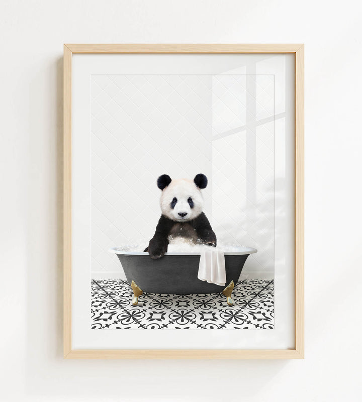A panda bear sitting in a bathtub filled with bubbles, surrounded by a black and white patterned floor.
