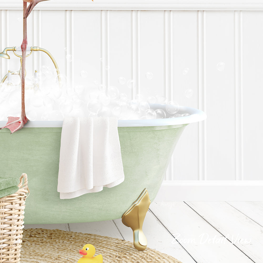 A green clawfoot bathtub filled with bubbles, with a towel hanging on the side and a rubber duck nearby.