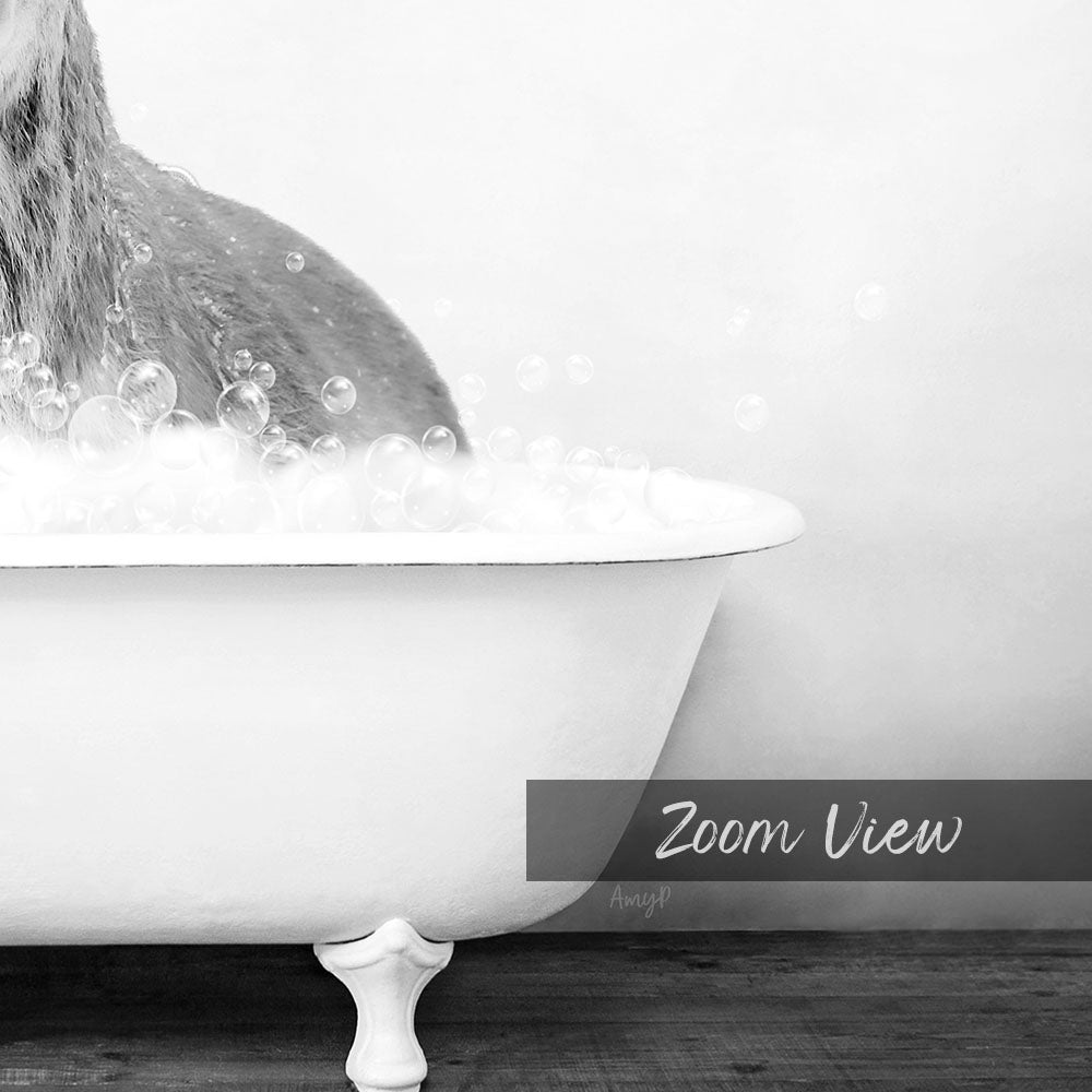 A black and white image showing a person sitting in a bathtub filled with bubbles, with the text "Zoom View" overlaid on the image.