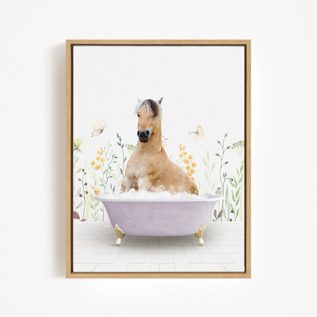 A light brown horse is sitting in a purple bathtub filled with bubbles, surrounded by flowers and butterflies.