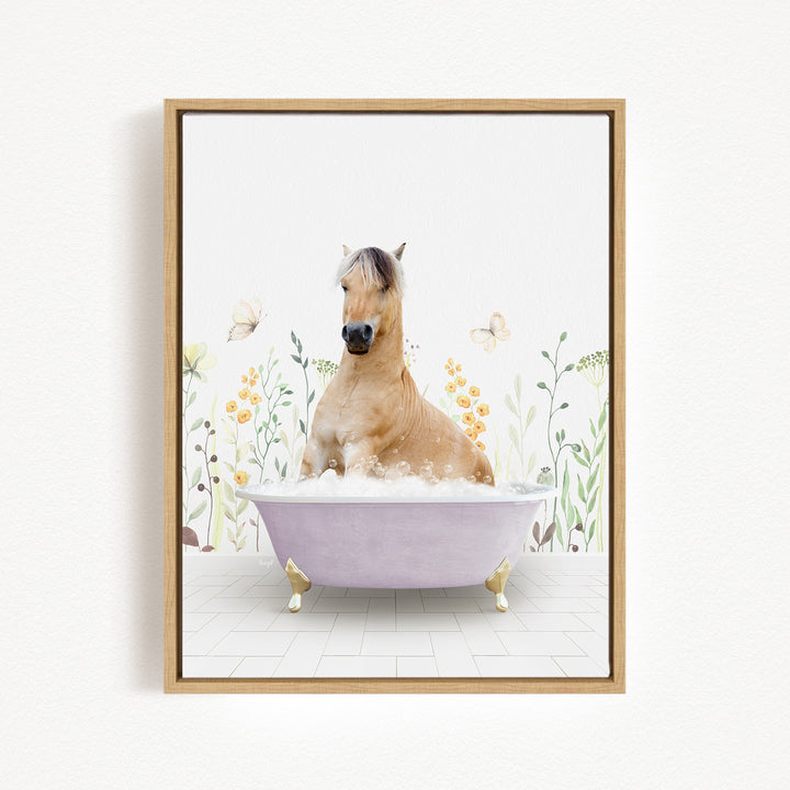 A light brown horse is sitting in a purple bathtub filled with bubbles, surrounded by flowers and butterflies.