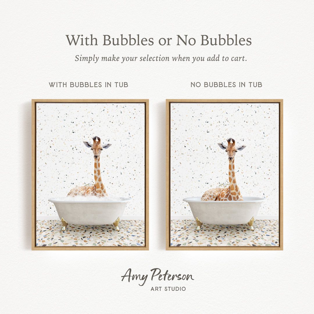 The image is a framed print featuring a giraffe sitting in a bathtub, with the text "With Bubbles or No Bubbles" above the images.
