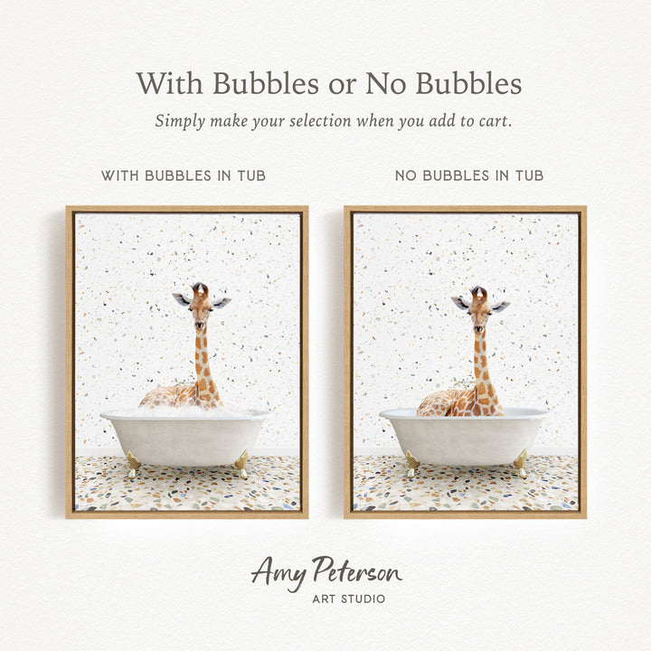 The image is a framed print featuring a giraffe sitting in a bathtub, with the text "With Bubbles or No Bubbles" above the images.