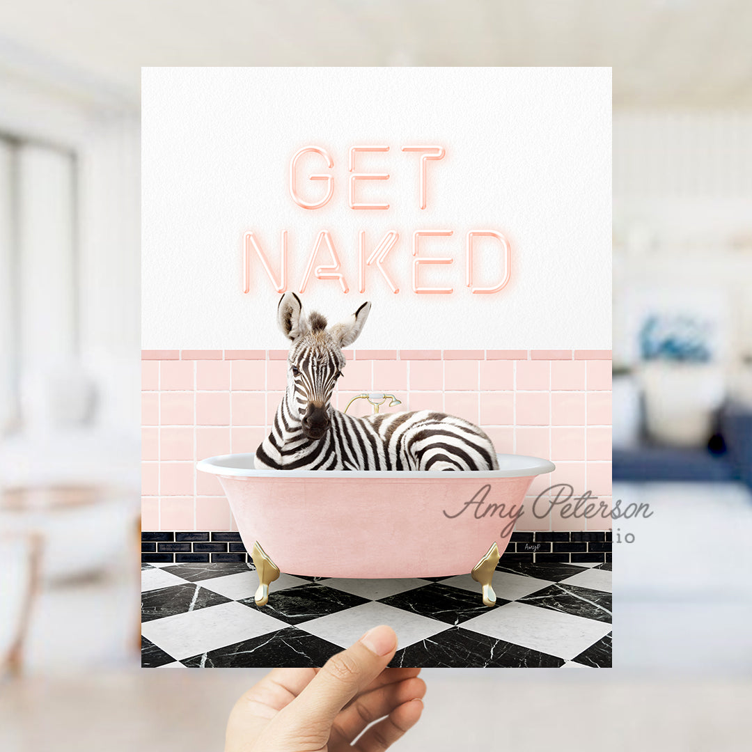 a person holding up a card with a zebra in a bathtub