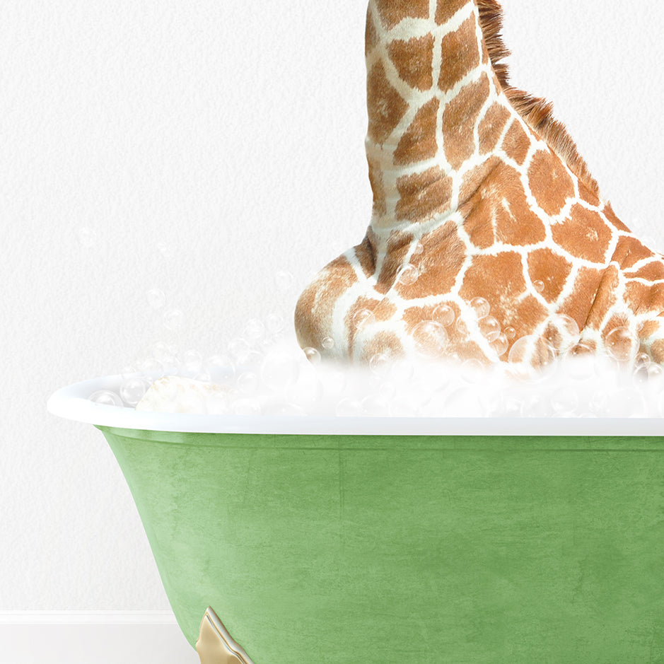 a giraffe sitting in a bathtub with foam on it