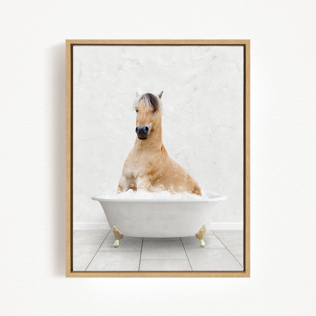 A horse sitting in a white bathtub filled with bubbles, looking directly at the camera.