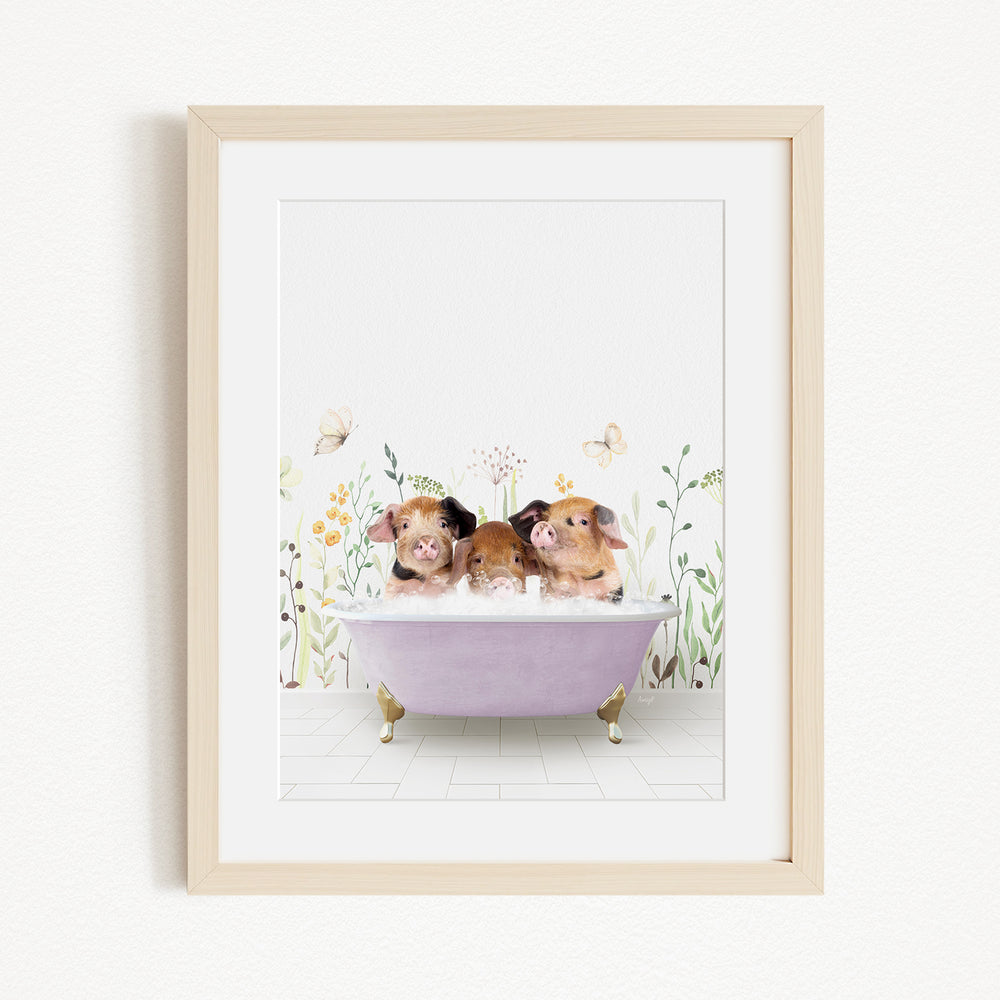 Three adorable pigs sitting in a purple bathtub, surrounded by flowers and butterflies.