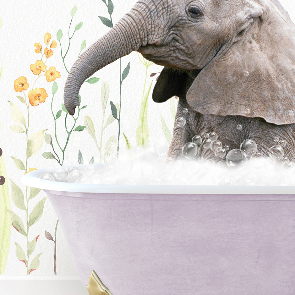 an elephant in a bathtub with flowers on the wall