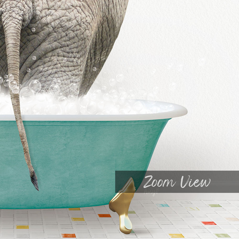 A large elephant is standing in a green bathtub filled with bubbles, with its tail hanging over the side of the tub.