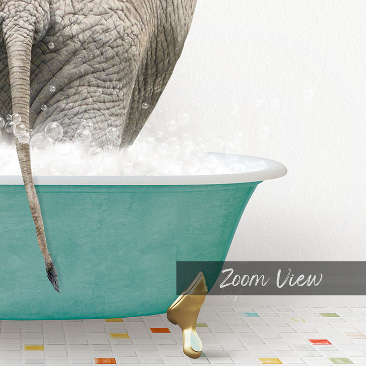 A large elephant is standing in a green bathtub filled with bubbles, with its tail hanging over the side of the tub.