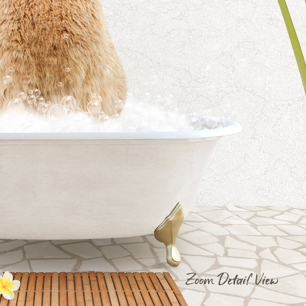 A fluffy brown cat is sitting in a white bathtub filled with bubbles, with a wooden mat and a green plant in the background.