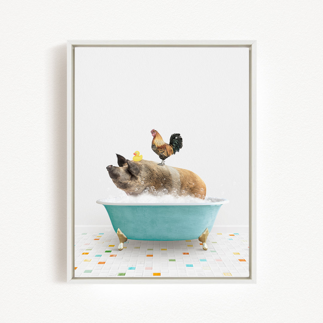 A pig is sitting in a bathtub filled with bubbles, with a chicken perched on its back and a yellow duck sitting on its belly.