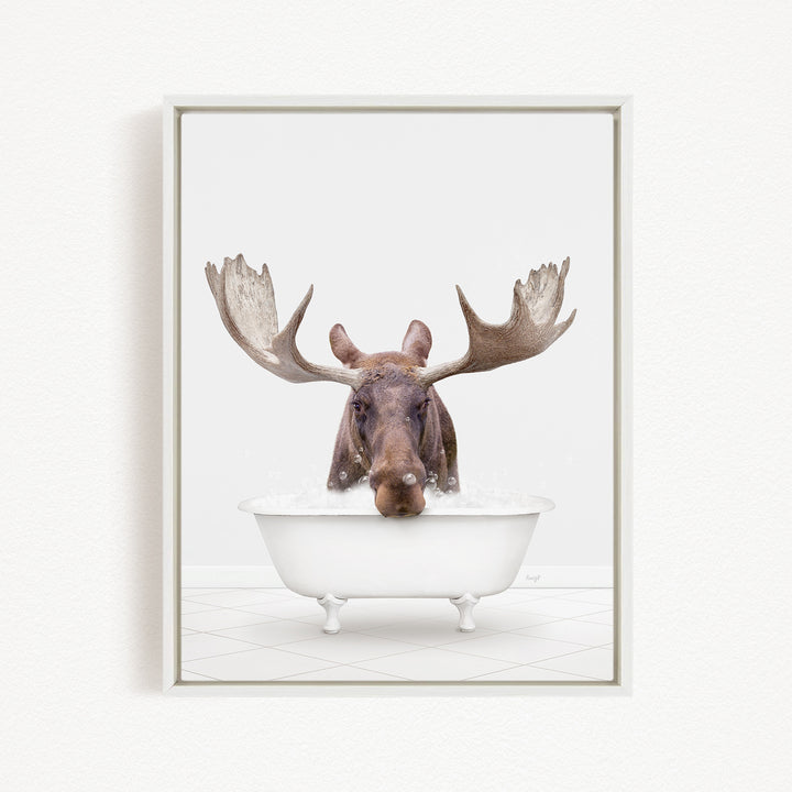 A moose with large antlers is sitting in a white bathtub filled with water, appearing to enjoy the bath.